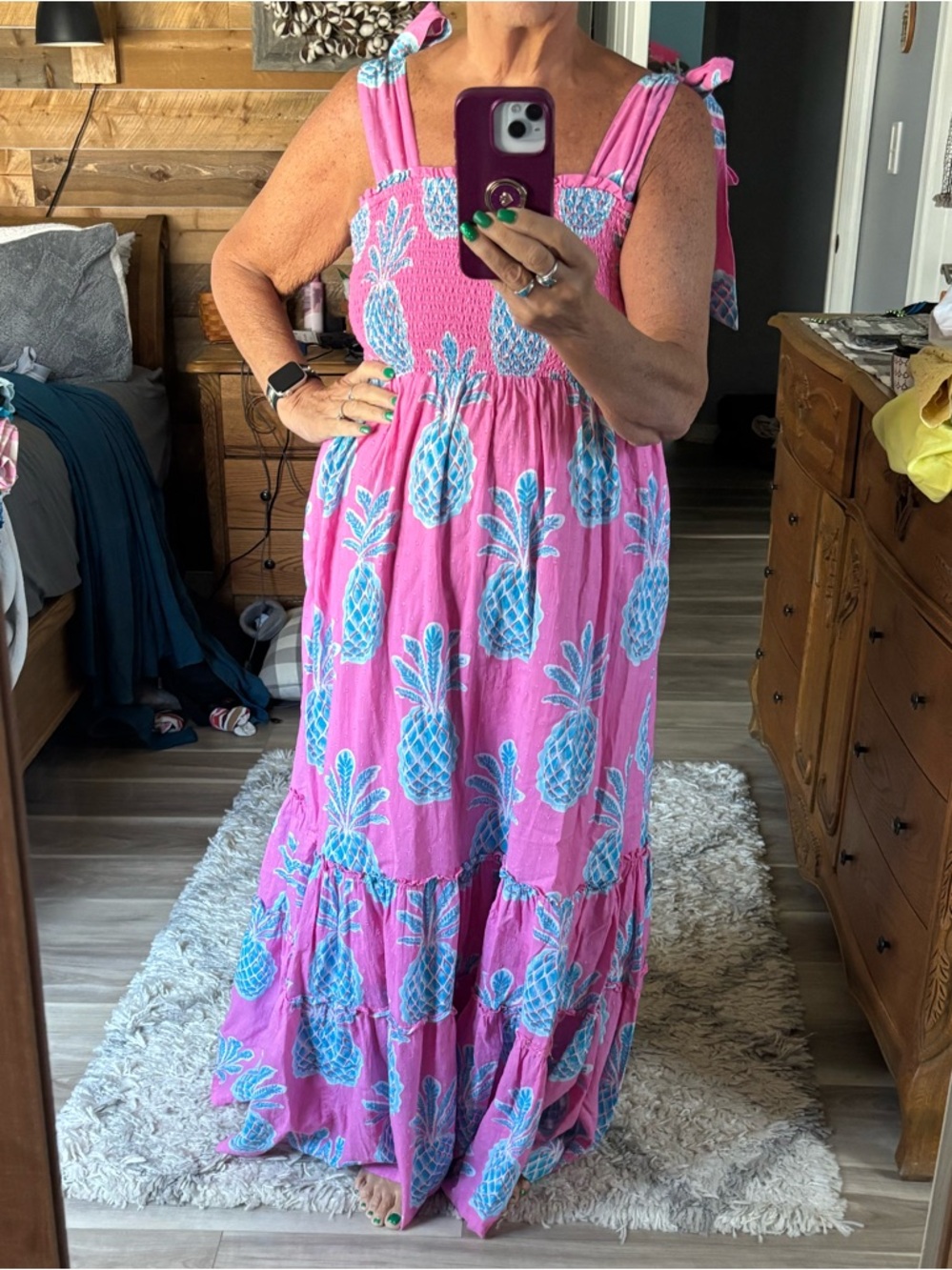 Pink Pineapple Print Smocked Maxi Dress Size large.
